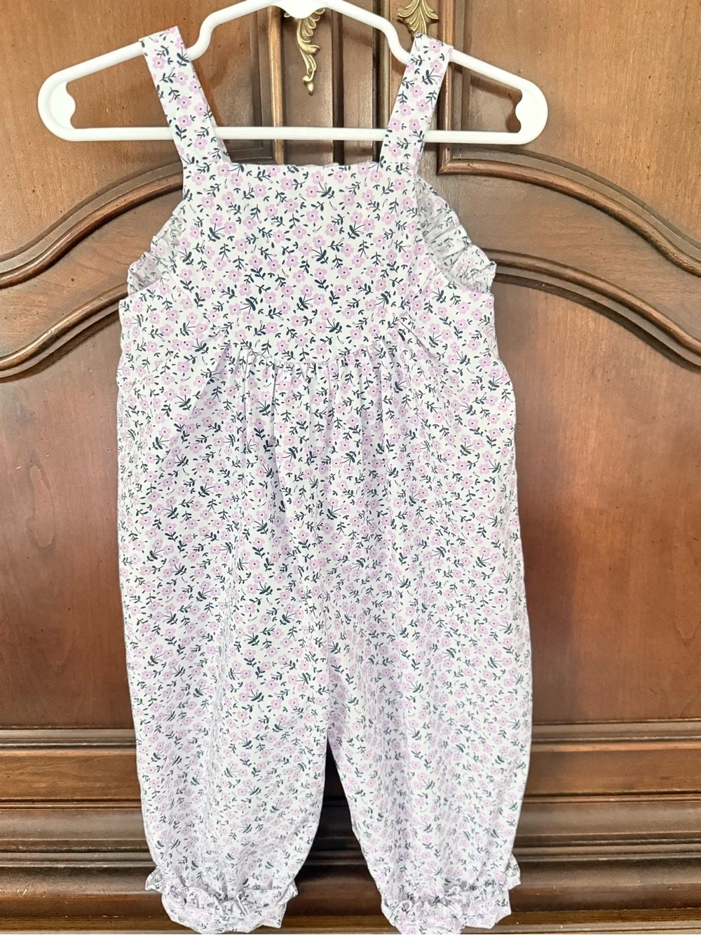 Shrimp & Grits Kids 12M Pink Floral Ruffle Bubble Romper Overalls